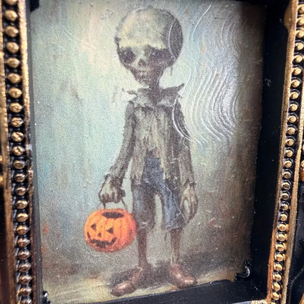 Gothic Zombie Skeleton Halloween Art Print Ornate Black Gold Resin Frame